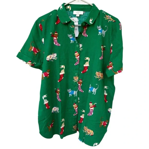 NWT The LOFT Cat Kittens Christmas Pajama Top - Size Medium - Green - Picture 2 of 12